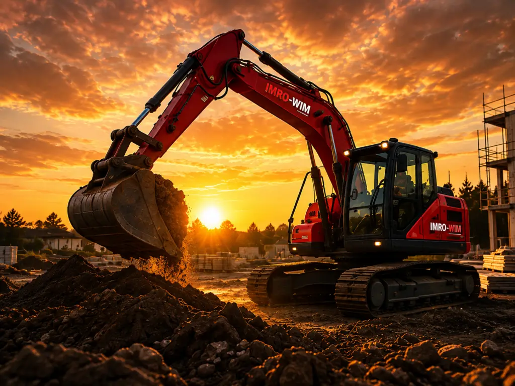 Bagger der IMRO-WIM GmbH im Einsatz auf einer Baustelle bei Sonnenuntergang