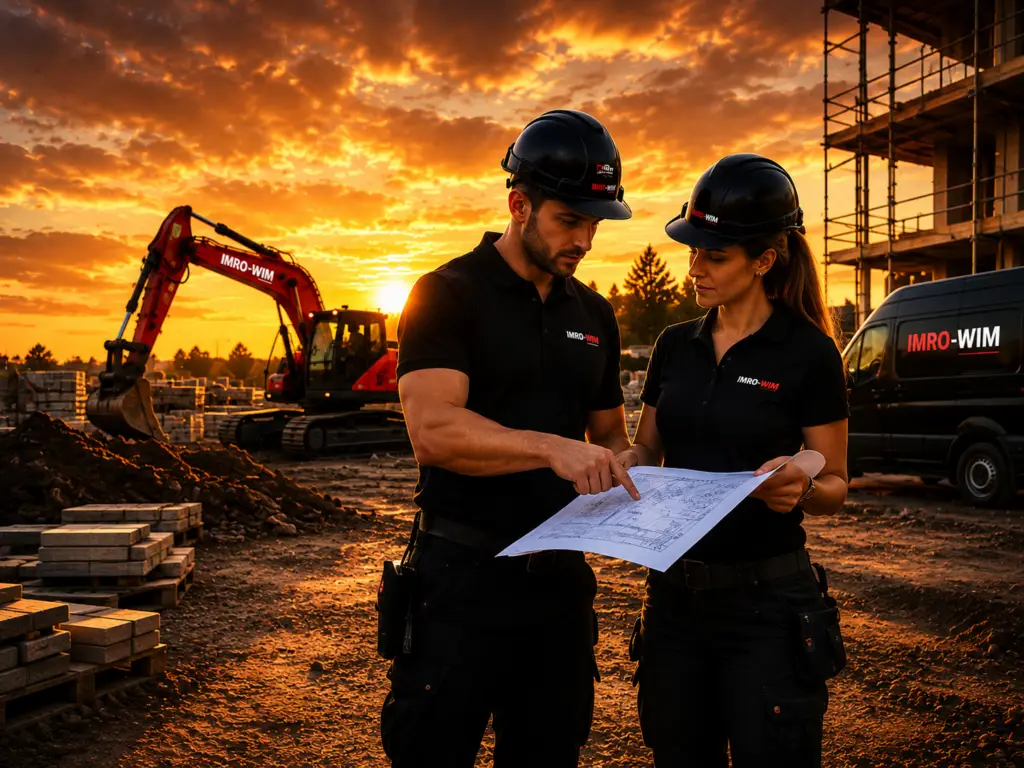 Mitarbeiterin und Mitarbeiter der IMRO-WIM GmbH besprechen gemeinsam einen Bauplan auf der Baustelle