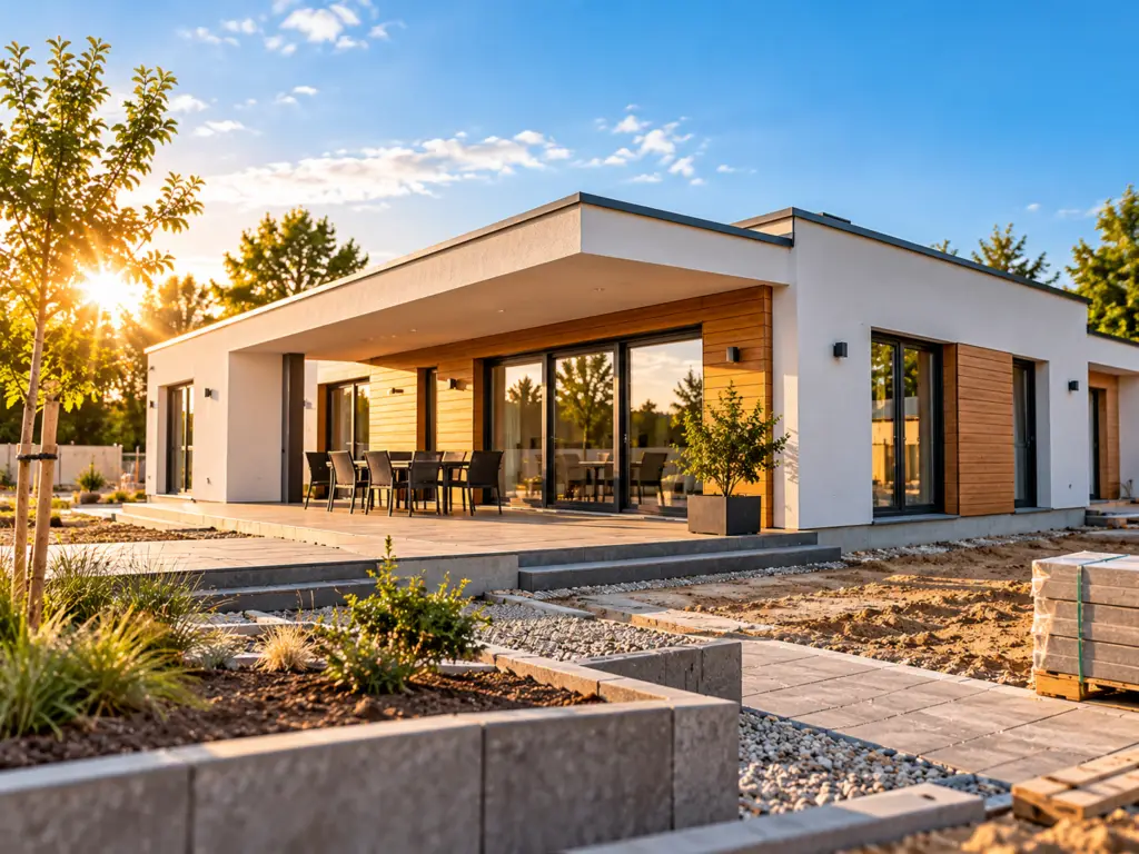 Moderner eingeschossiger Bungalow als Beispiel für verantwortungsvolle und hochwertige Bauausführung.