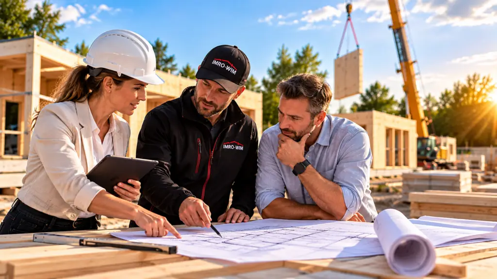 Bauingenieurin, Bauleiter von IMRO-WIM und Bauherr besprechen gemeinsam die Bauplanung auf einer Fertighaus-Baustelle.