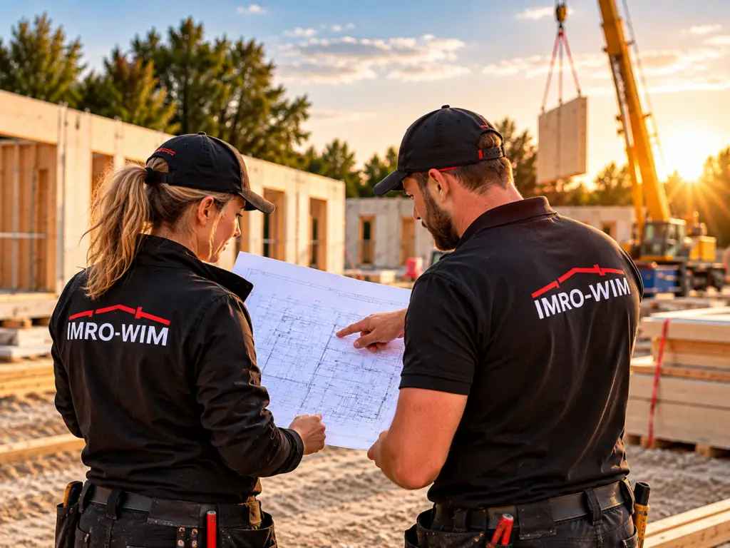 Zwei Mitarbeiter von IMRO-WIM besprechen gemeinsam einen Bauplan auf einer Fertighaus-Baustelle